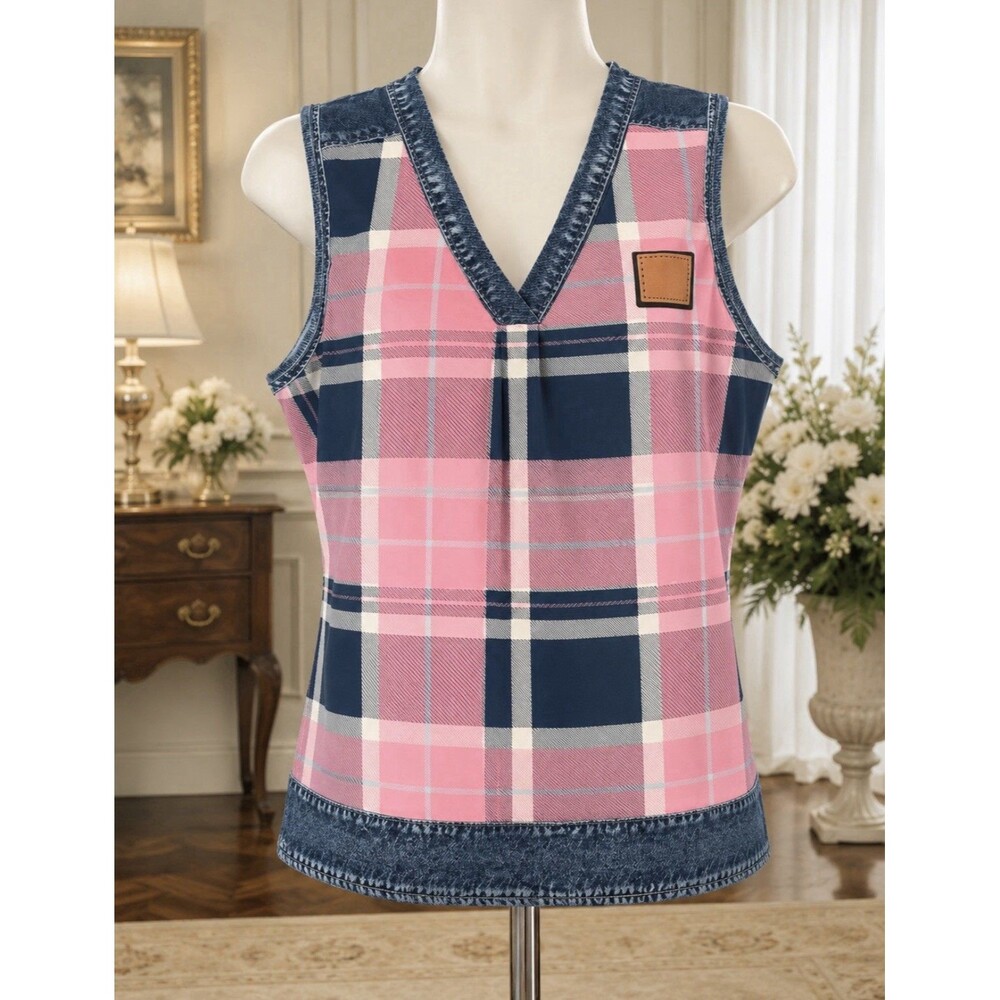 SHEIN Sleeveless Plaid V-Neck Tank Top Pink Blue Faux Denim Trim Size Large